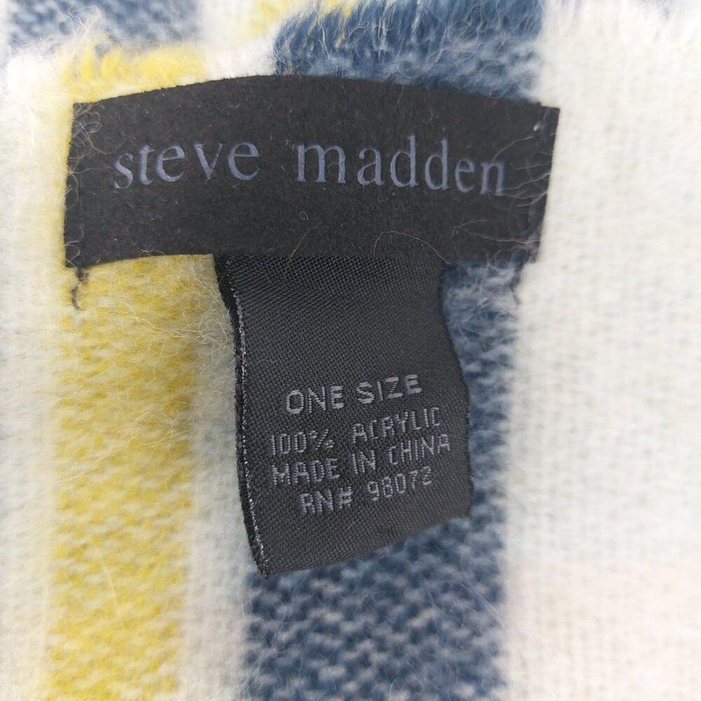 Steve Madden Fuzzy Scarf with Tassels Blue Navy Blue Aqua Yellow - Picture 4 of 10